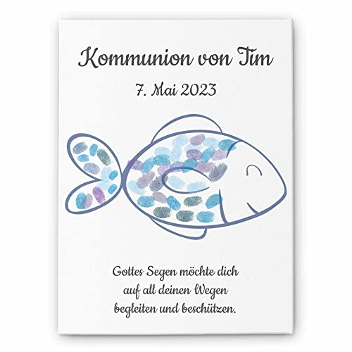 Fingerabdruck Leinwand Kommunion & Konfirmation - personalisiertes Gästebuch für Erstkommunion Taufe Konfirmation - Fingerprint Leinwände für Mädchen & Jungen - besonderes Geschenk (Fisch 2)