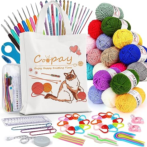 Coopay Häkelset für Anfänger, 86 Stück Häkelnadel Set mit 20 Wolle, Tasche, Häkelzubehör, 2,0-10 mm Häkelnadeln, Schön Leinentasche Eine Fülle von Häkelset, Tragbar Häkel Set mit Wolle zum Häkeln