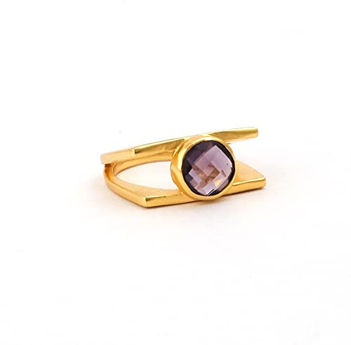 Bague améthyste violette | Bijoux pour homme | Bague déclaration de gros plaquée or | Bague en laiton de forme ronde faite à la main | 211101S, Laiton, Améthyste violette