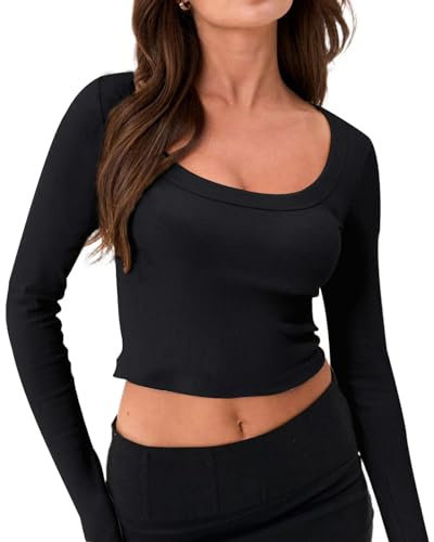 Women’s Long Sleeve T Shirts Casual Slim Fit Tops Scoop Neck Ribbed Knit Shirts TikTok Streetwear(Black-6,M)