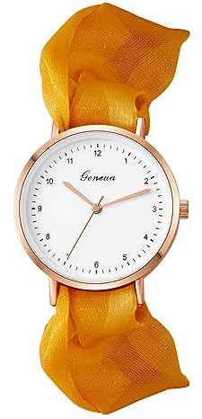 JewelryWe Uhren Damen Elastisch Haarband - Einzigartige Einfache Analog Quarz Armbanduhr Frauen Mädchen Uhr mit Gelb Haargummi Elastisch Armband