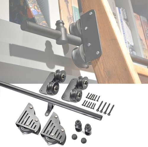 3.3ft-20ft Rolling Library Ladder Track Bracket, Pulley Type Sliding Ladder Hardware Kit Round Tube Mobile Ladder Rail with Floor Roller Wheels + Extension Track (Size : 16ft/500cm Track kit)