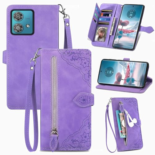 MOJIA Coque Porte Monnaie pour Motorola Edge 40 Neo, Etui Portefeuille en Cuir PU avec Cover en TPU, Etui Multifonctionnel Porte-Cartes avec Dragonne. Violet