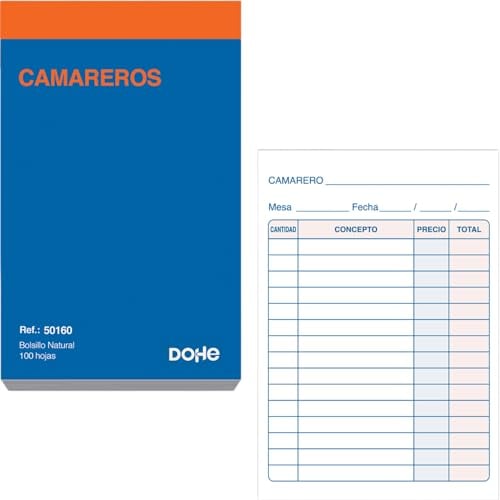 Dohe - Kellnerblöcke (10 Stk.) - Taschenformat (8,5x14 cm), 100 Blätter, einfaches Format ohne Durchschlag, Bestellblöcke für Gastronomie, Sprache Spanisch, Bürobedarf