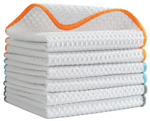 POLYTE Ultra Premium Microfibre Kitchen Dish Cloth Waffle Weave, 6 Pack (30x30 cm, White)