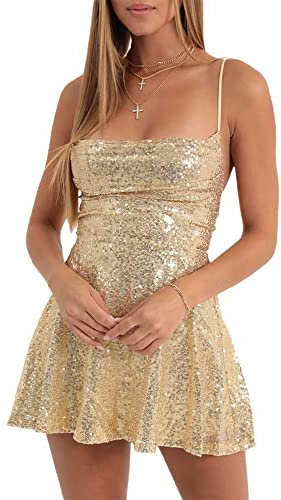 Miolasay Glitzerndes Spaghettiträgerkleid für Damen, glänzende Pailletten, figurbetontes Minikleid, rückenfrei, A-Linie, Partykleid, Cocktailkleid, Streetwear, A-Gold, Medium