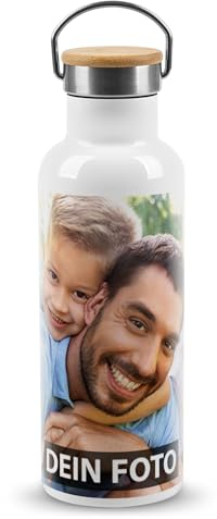 PR Print Royal Edelstahl-Trinkflasche bedrucken - Trinkflasche personalisiert mit Foto und Text - Thermosflasche, Wasserflasche BPA-frei, Geschenke für Outdoor-Fans | Haltebügel, Bambusdeckel, 500 ml