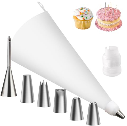 Soodyoow Spritzbeutel Set, Spritzbeutel Wiederverwendbar, mit 6 Verschiedenen Edelstahl Spritztüllen und 40 cm Spritztüte, für Dekorieren Von Gebäck, Torten Geeignet, Keksen, Cupcakes