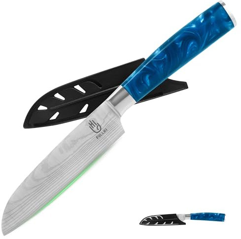 FULLHI Couteau santoku, couteau japonais multicolore de 5 pouces avec étui, couteau de cuisine en acier inoxydable avec garde (Résine bleue)