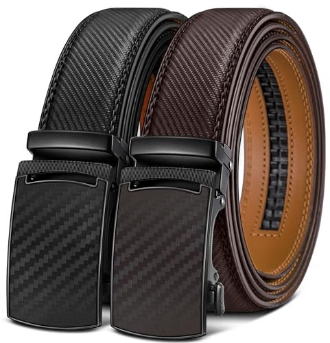 KEMISANT Automatik Gürtel Herren 2 Stücke, Gürtel Ratsche Automatikschließe Ledergürtel für Herren Verstellbar 35mm Breit mit Geschenkbox(Schwarz/Tiefbraun,105cm/28-34 taille verstellbar)