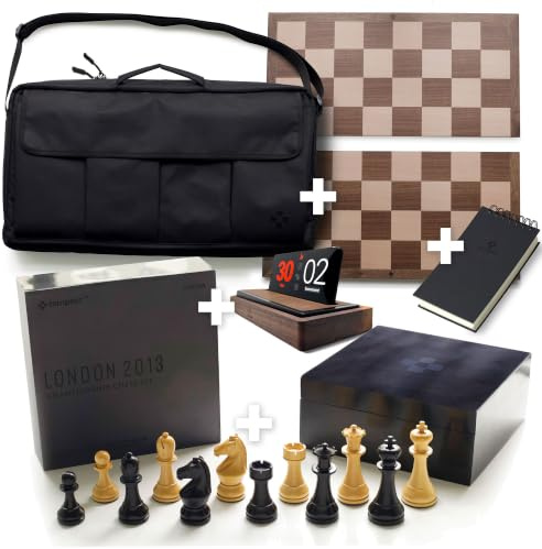 Tempest Chess Ensemble: Wooden Chess Set + Hardwood Portable Chess Board + Carry-All Bag + Storage Box + Scorebook + Optional Tempest Deluxe Chess Clock/Dock (London 2013 ULTIMATE Ensemble)