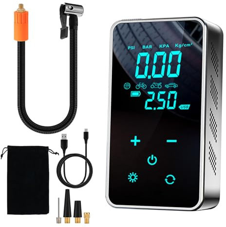 Compressore Aria Portatile,Compressore Auto con Schermo LCD Digitale e Torcia LED,5 modalità di Gonfiabili con 4 Ugelli Diversi per Bici/Moto/Biciclette/Palloni