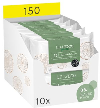 LILLYDOO green Natürliche Feuchttücher, 150 Stück (10 x 15), 100% plastikfreies Tuch, ohne Parfüme