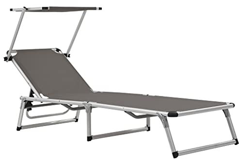 LVHUIDEH Klappliege mit Sonnenschutz, Sonnenliege, Gartenliege, Verstellbare Rückenlehne Liege Strandliege für Garten Urlaub Strand Pool, Tragkraft 110 kg, 186 x 58 x 25,5 cm, Alu und Textilene
