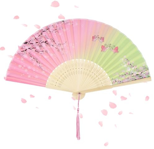 Alaoo Folding Fans, Handheld Fan Fabric Manual Fan Chinese Fans with Tassel for Birthday Gifts Dancing Cosplay Wedding Party Props Decoration(Pink)