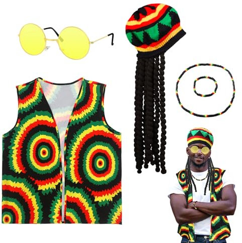 Set di 5 accessori per costume Rasta Giamaica Reggae Kit con cappuccio per parrucca Dreadlocks, colore batik, maglietta Rasta occhiali da sole collana intrecciato bracciale per uomini donne carnevale
