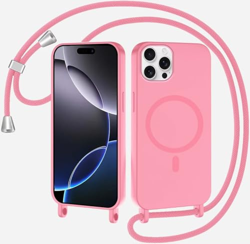 FMPCUON Magnética Funda con Cuerda para iPhone 13 Pro MAX Compatible con Magsafe,TPU Antigolpes Protectora Silicona Case Carcasa con Ajustable Cordon Colgante Cadena,Pink