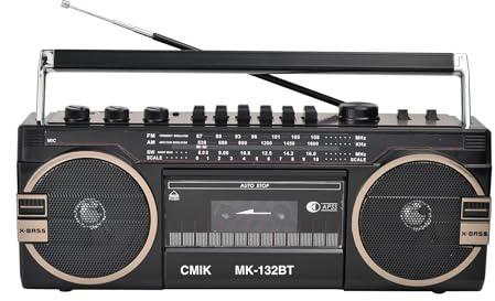 Boombox - Reproductor de CD portátil, grabadora de casete Bluetooth retro con altavoz de radio AM/FM para reuniones familiares y viajes