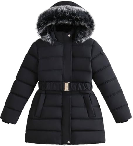 Amur Leopard Wintermantel Mädchen mit Kapuze und Gürtel Winterjacke Kinder mit Fleecefutter Mittellange Baumwolljacke