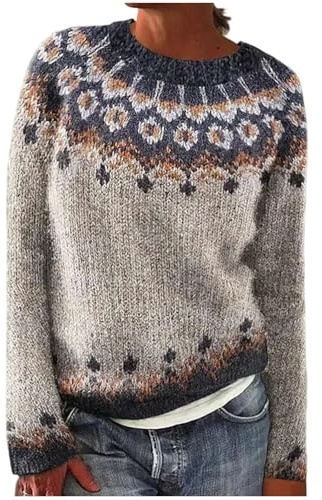 Norweger Pullover Damen Fair Isle Strickpullover Elegant Bunt Cashmere Wollpullover Rundhals Langarm Große Größen Kaschmir Winterpullover Bequem Weich Knit Sweater Warm Herbst Winter Outfit Jumper