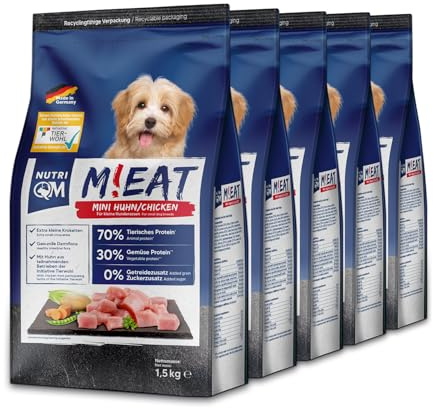 NutriQM® Mini Trockenfutter für Hunde | 7,5 kg (5×1,5 kg) | 70% Fleischanteil | Getreidefreies Hundefutter Trocken für kleine Hunde | Kleine Kroketten | Ohne Zucker & Zusatzstoffe | Made in Germany