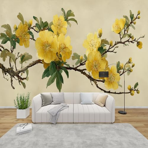 MMYAOKEN Papier Peint Panoramique Fleurs 350x256 cm - Décoration Murale Jaune Floral - Tapisserie Murales Papier Peint Intissé pour Chambre Salon - Moderne Poster Tableaux Photo Muraux