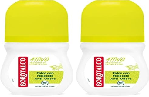 Borotalco, Deodorant Roll-On Aktiv Gelb, Formel ohne Alkohol und mit Talkum mit Anti-Geruchsmolekülen, frische Wirksamkeit, 48h Wirksamkeit, Duft von Zeder und Limette - 1 Flasche mit 50 ml