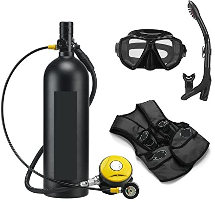 LLOOPK Tauchflasche, 2L Tauch-Atemschutzmaske, Tauchausrüstung, Aluminiumflasche, Gasflasche, Erwachsene, Schwimmen, Schnorcheln, Schnorchel, Restdruckmessgerät(Noir,C)