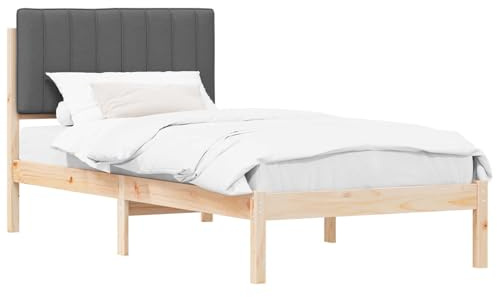 vidaXL Bettgestell mit gepolstertem Kopfteil Natürlich und Dunkelgrau, Moderner rechteckiger Bettrahmen, gepolsterter Kopfteil, aus massivem Kiefernholz, stylisches Möbel für Dein Schlafzimmer