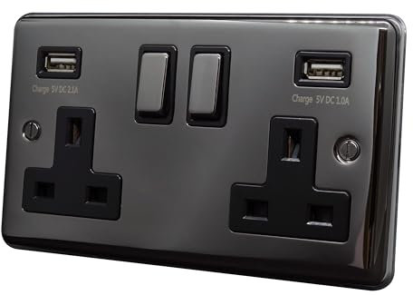 Discount Electrix USB 2 Gang Plug Socket Outlet Black Nickel Finish with Black Inserts