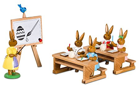 Rudolphs Schatzkiste Osterdekoration Hasenschule mit Lehrerin Höhe 7,5cm NEU Osterdeko Osterhasenfigur Ostern Korb Osterei Frühling Erzgebirge Seiffen Hase Blumen