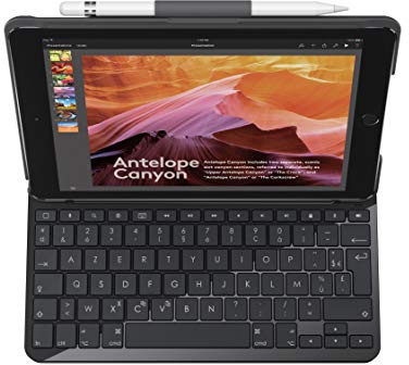 Logitech Slim Folio iPad Hülle mit Kabelloser Bluetooth Tastatur, Für’s iPad der 5. & 6. Generation (A1893, A1954, A1822, A1823), 14 iOS-Sondertasten, Französisch-AZERTY-Layout Carbon
