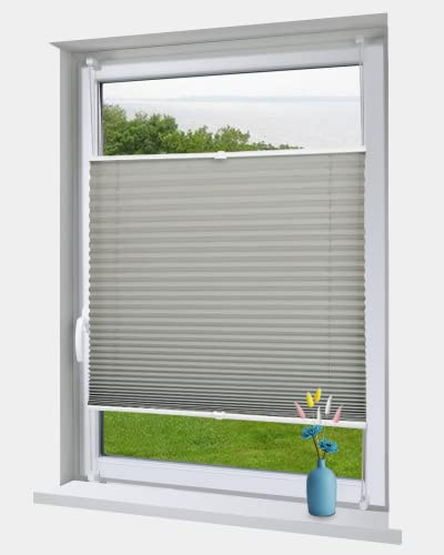 OBdeco Pleated Roller Blind Clamp-On No Drilling Translucent Crushed Look Folding Blind for Windows and Doors Easyfix Light Grey 80 x 130 cm