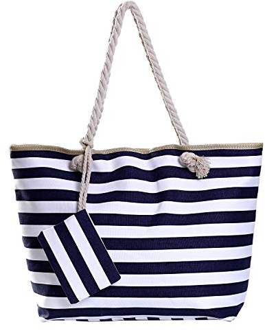 DonDon Strandtasche mit Reißverschluss, Große Strandtasche XXL, Shopper Tasche Damen - Praktische Beach bag Umhängetasche Damen Badetasche für Strand und Meer - gestreift dunkelblau weiß