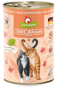 GranataPet DeliCATessen Kalb & Kaninchen, 6 x 400g | Alleinfuttermittel, Getreidefrei, Ohne Zuckerzusatz, Taurin & Grünlippmuschel, Hoher Fleischanteil, Made in Germany