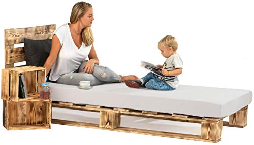 sunnypillow 90x200 cm Palettenbett mit Kopfteil Holzbett Massivholzbett Bett aus Paletten Palettenmöbel Geflammt Vintage europalette 80 90 100 120 140 160 180 200 220 240 x 200cm
