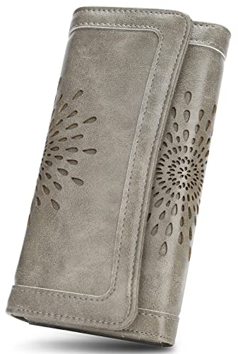 APHISON Geldbörse Damen Portemonnaie Damen Veganes Leder Geldbeutel für Frauen groß Lang Portmonee mit RFID Schutz Geldbeutel Damen mit 6 Kartenfächer Women Wallet 2214 (2214gray-UK)