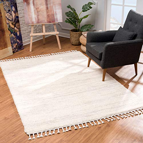 Teppich Wohnzimmer Shaggy Creme - 140x200cm - Schlafzimmer Hochflor - mit Fransen Flauschig Meliert Muster - Oeko Tex 100 Standard - Allergiker geeignet