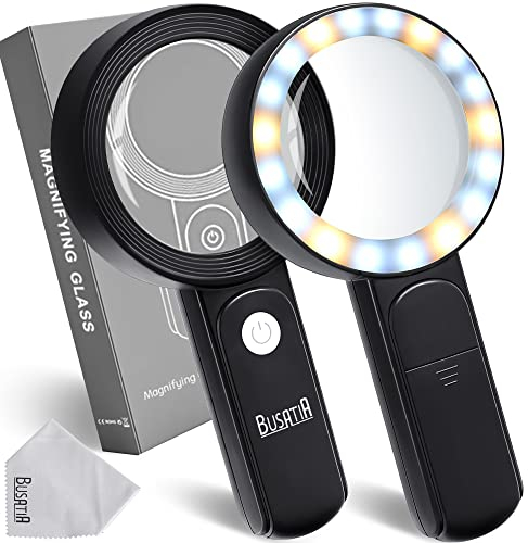 BUSATIA 30X Lupe mit 18Led, Handlupe Leselupe mit 3 Beleuchtungsmodi, Schwarz Vergrößerungsglas zum Lesen mit Hohe Klarheit Doppelglaslinse für Senioren, Juwelier, Handwerk, Bücher-mit Linsentuch