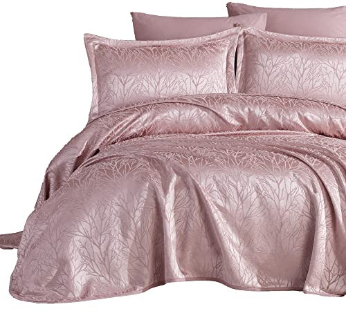 Elart Tagesdecke 180x240 cm und 50x70 cm 2 Kissenbezüge | Bettdecke, Bettüberwurf, Tagesdecken | Jacquard-Chenille-Stoff Wohndecke weich und Modern | Rosa