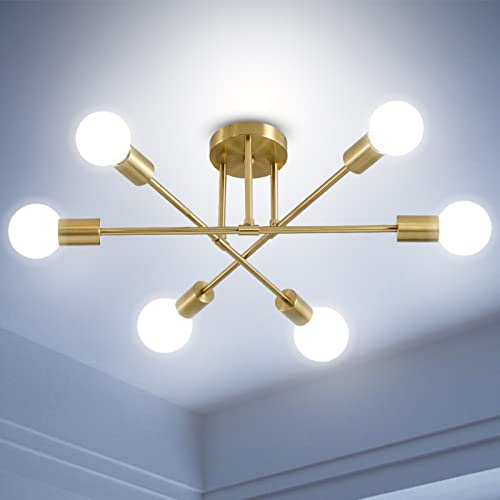 ANDAST Vintage Deckenleuchte,Gold Sputnik Kronleuchter Moderne,Retro Deckenlampe,6 flammig E27/26 Fassung Pendelleuchte Leuchten für Wohnzimmer Küche Esszimmer Schlafzimmer (ohne Leuchtmittel)