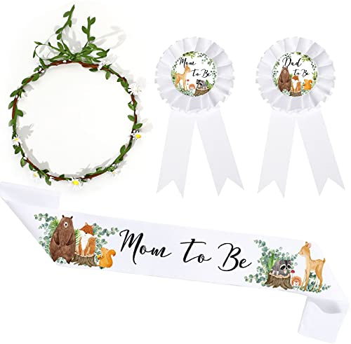 4 Stück Mom to Be Schärpe für Waldland Baby Shower Mom to Be Daddy to Be Korsage mit Sage Grüne Blatt Krone Girlande Kit Woodland Party accessoires für Mutterschaft Geschlecht offenbaren