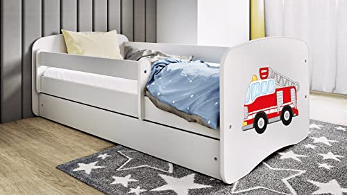 Kids Collective Kinderbett 80x180 cm mit Matratze, Rausfallschutz, Lattenrost & Schublade in weiß 80x180 Jungen Bett Feuerwehr | von 3. bis 12. Lebensjahr