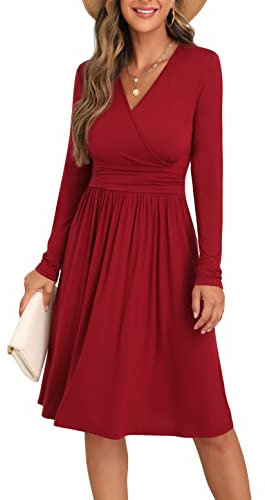 GRECERELLE Womens Autumn Wrap Dress Ladies Casual Long Sleeve V-Neck Midi Dresses for Women (Wine Red, L)