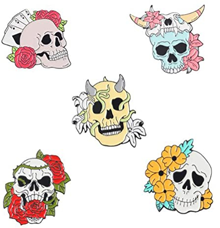 Lot de 5 broches colorées en émail avec tête de mort en forme de crâne - Pour Halloween, vêtements, sacs, cadeaux pour amis, Métal