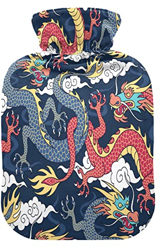 ALAZA Wärmflasche mit Bezug, 1 l, transparent, Wärmflasche, Drachen, Wolke, Blau / Rot