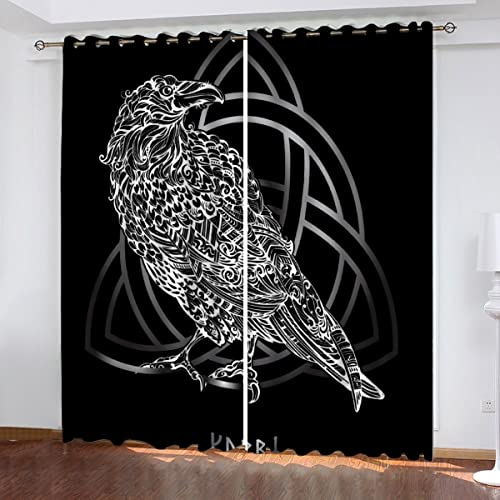 MOUPL 3D Wikinger Vorhänge mit ösen B 234 X H 137 cm Mikrofaser Nordische Mythologie, Rabe Gardinen Blickdicht Verdunkelungs Scheibengardinen 2 Stücke für Wohnzimmer Schlafzimmer