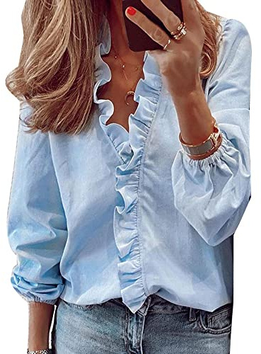 QKEPCY Camicetta da Donna Balze Donne Camicette Manica Lunga Pieghe Chiffon con Scollo Elegante Shirt Top Scollo a V Casual da Lavor a Maniche Lunghe Tinta Unita (Blu L)