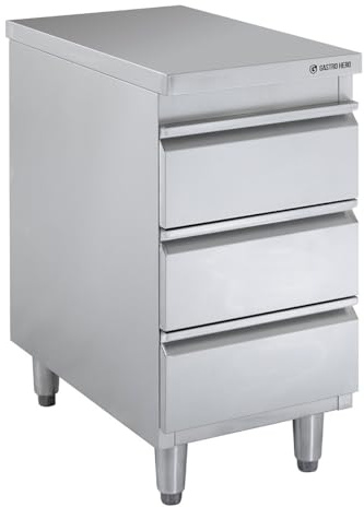 GastroHero Edelstahl Schubladenschrank Basic 400x600 mm mit 3 Schubladen – AISI 201 Chrom-Nickel-Stahl, voll aufgebaut, für Gastronomie und Großküche (400 x 700 x 850 mm, ohne Aufkantung)