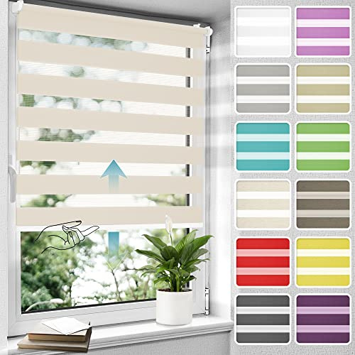 Allesin Doppelrollo schnurlos Klemmfix ohne Bohren Duo Rollos für Fenster, 60x130cm (Stoffbreite 60 cm) Natur, Drücken Und Ziehen Springrollos Klemmrollo Fenster, Rollo ohne Schnur